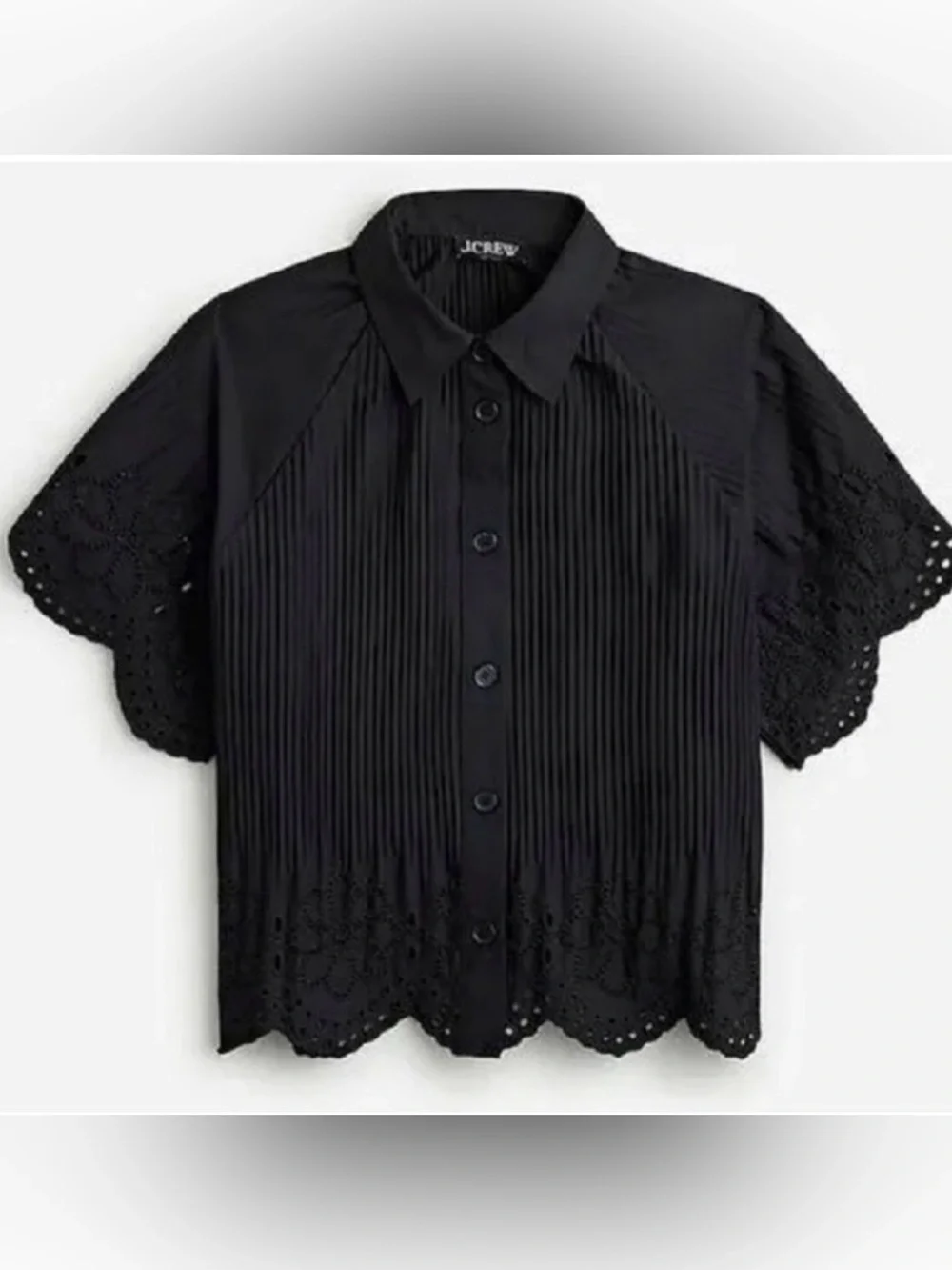 NWT J Crew Pleated eyelet-trim shirt in cotton poplin Black Small